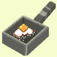 a pixel art drawing of a fried egg in a pan